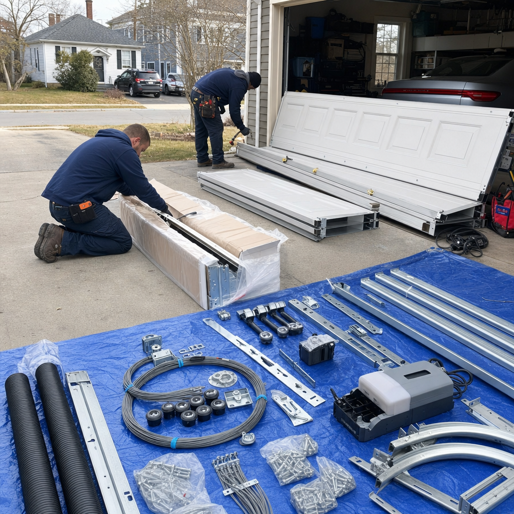 Two technicians preparing parts for a residential garage door installation