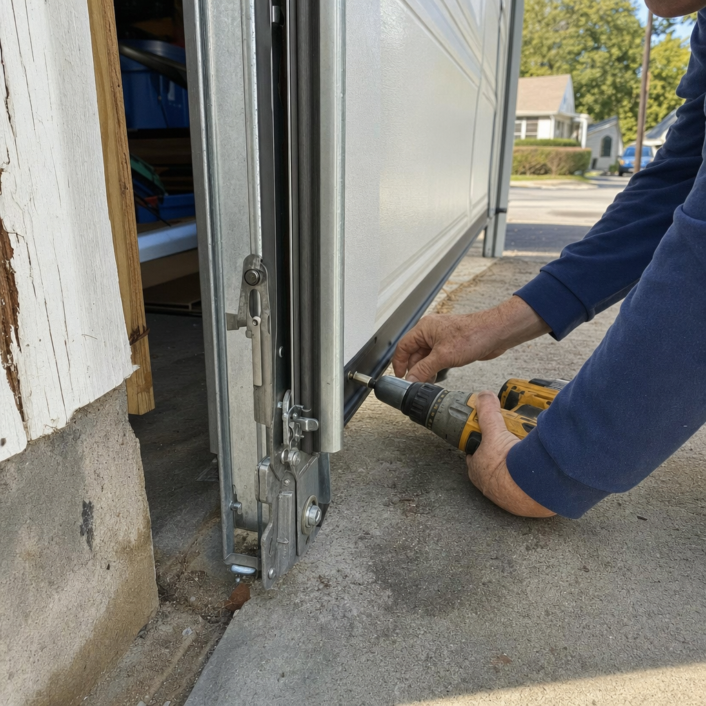 Technician using a power drill to install garage door bottom weather seal