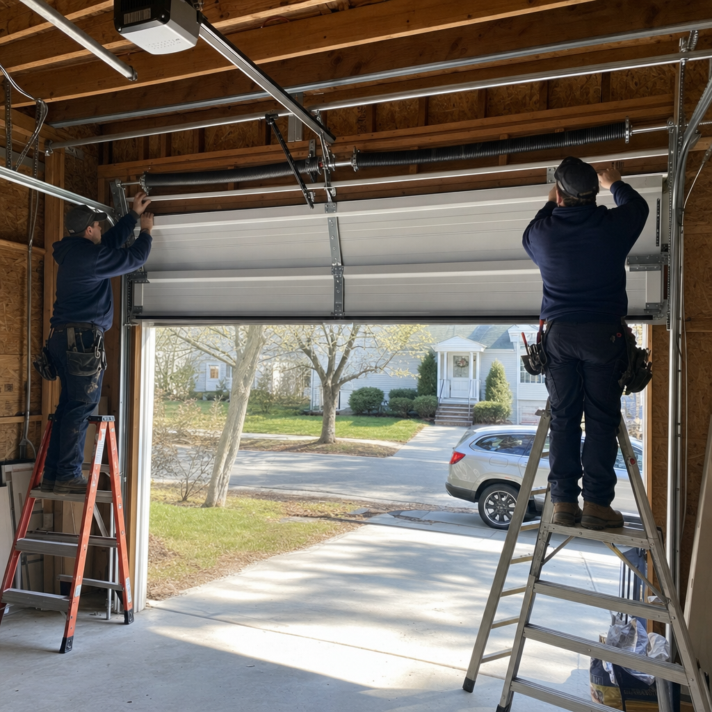 Two professional technicians installing a new residential garage door system.