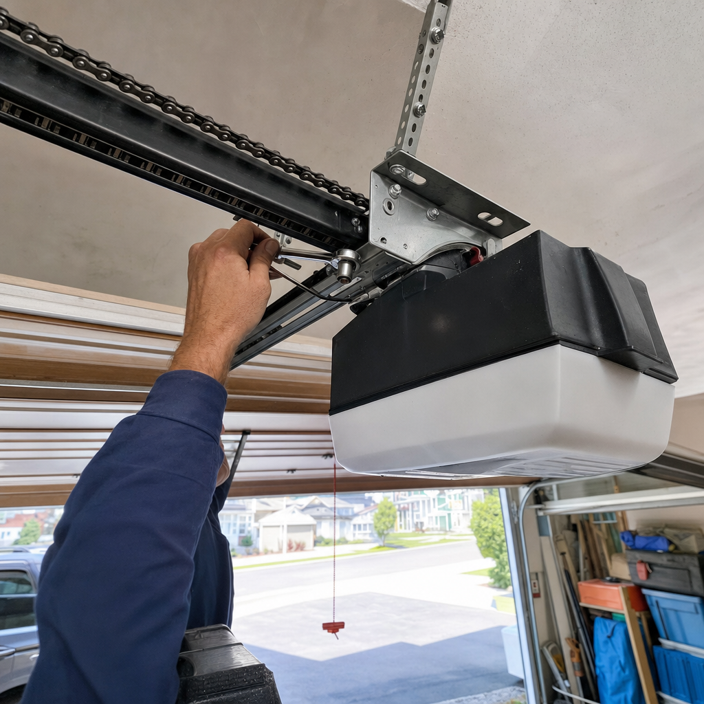 Technician performing maintenance on a residential garage door opener system