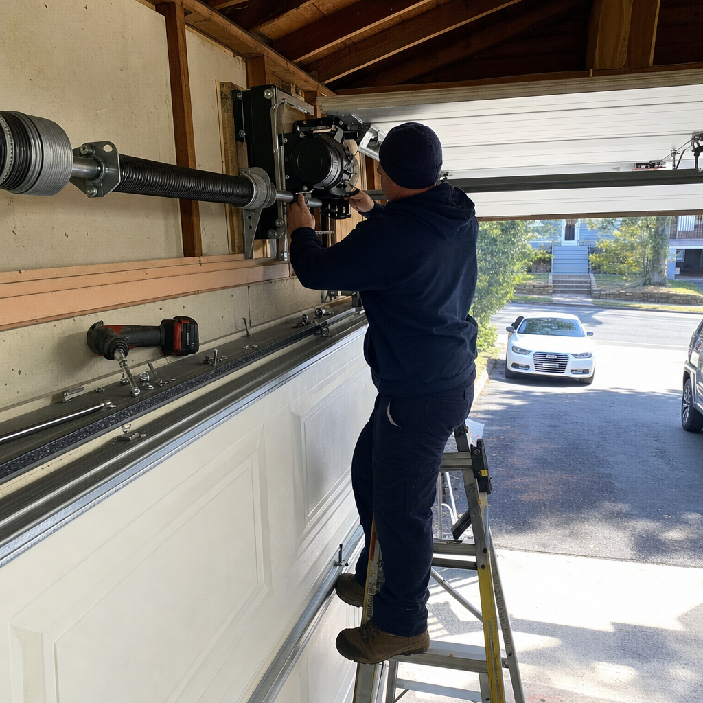 Technician installing a residential garage door opener system on a ladder