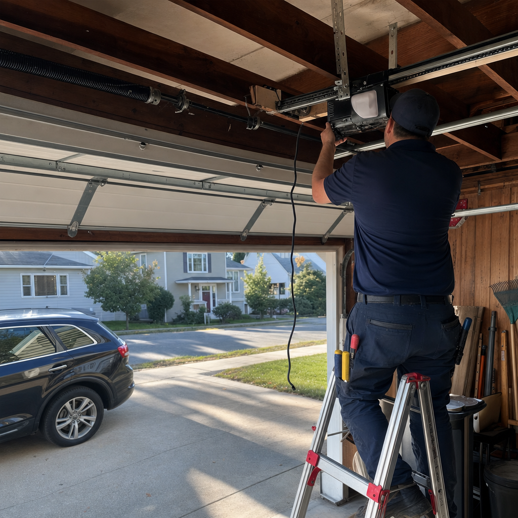 Technician performing professional garage door opener installation and maintenance