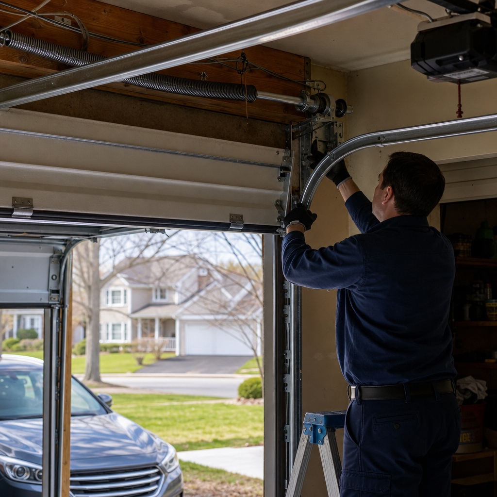 Technician performing professional garage door parts repair and maintenance