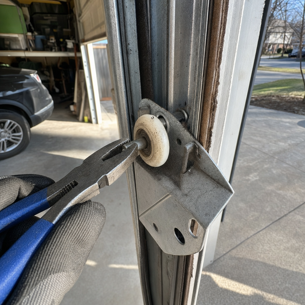 Technician repairing garage door roller with pliers