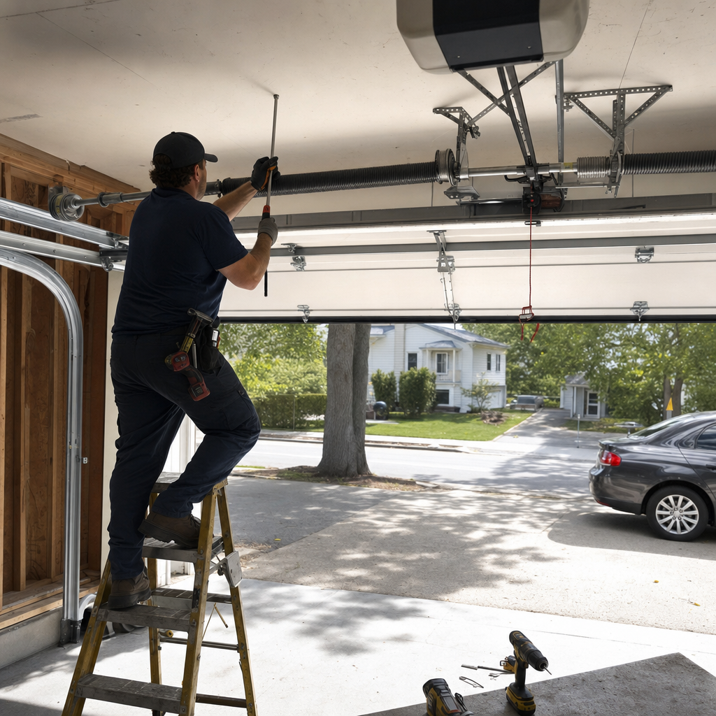 Technician performing professional garage door torsion spring repair